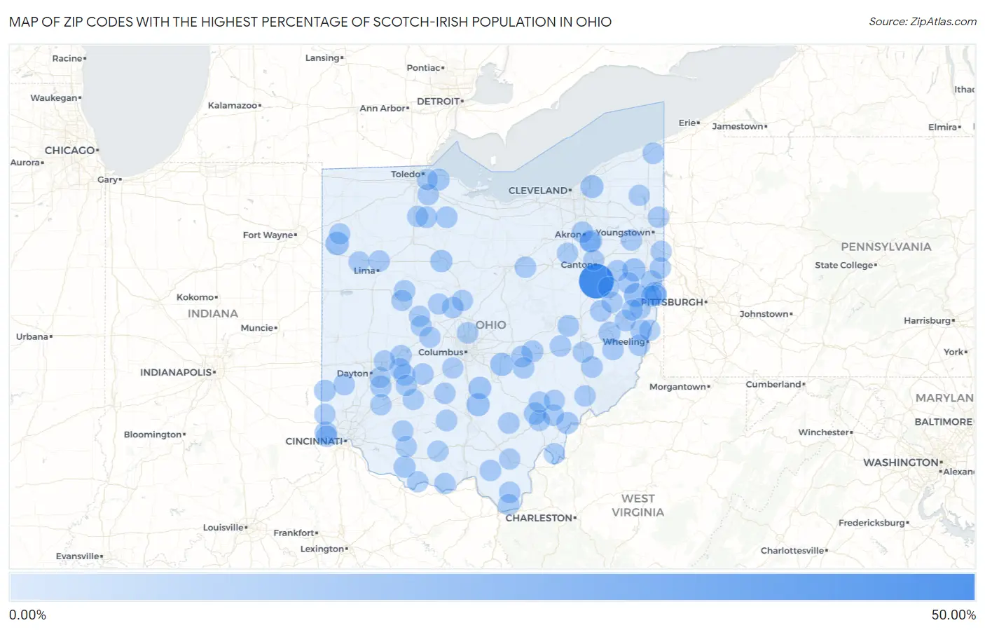 Zip Codes with the Highest Percentage of Scotch-Irish Population in Ohio Map