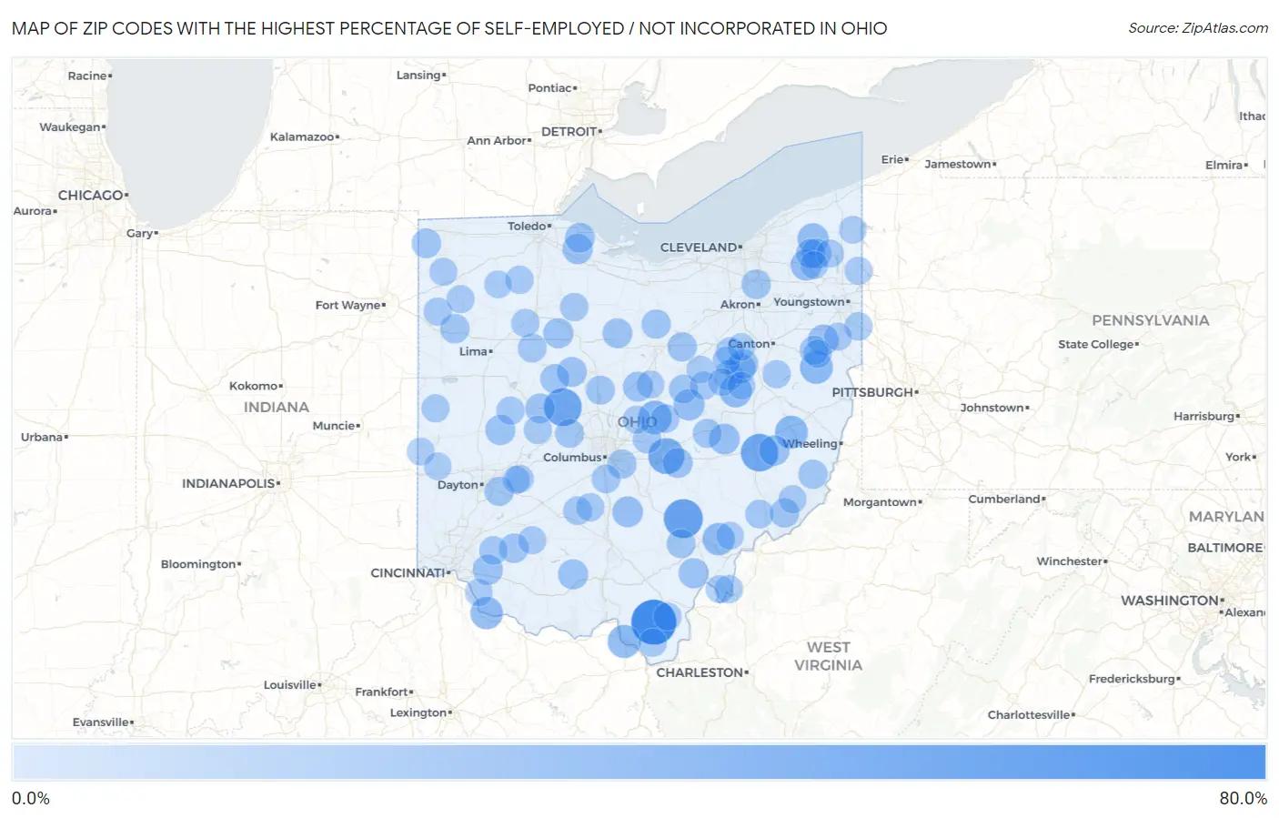 Zip Codes with the Highest Percentage of Self-Employed / Not Incorporated in Ohio Map