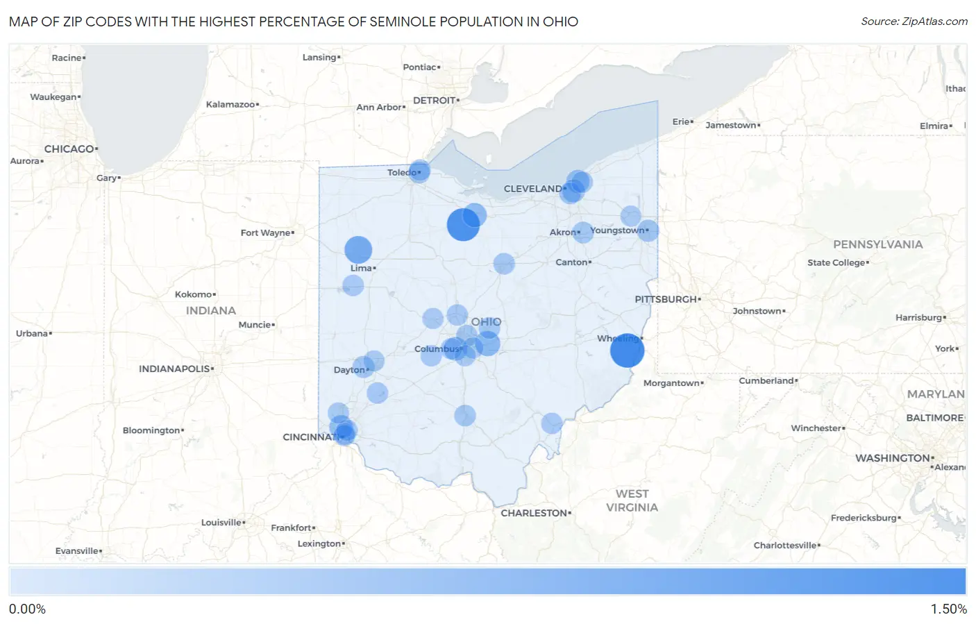 Zip Codes with the Highest Percentage of Seminole Population in Ohio Map