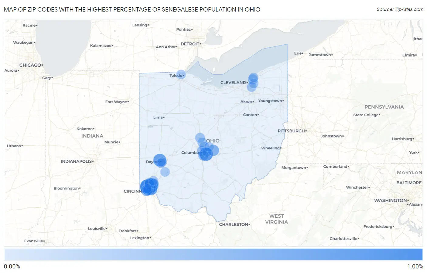 Zip Codes with the Highest Percentage of Senegalese Population in Ohio Map