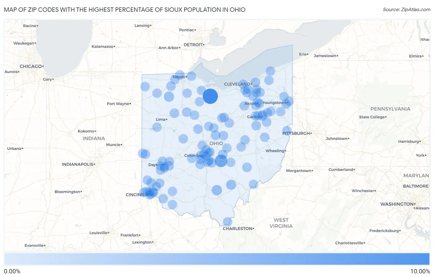 Zip Codes with the Highest Percentage of Sioux Population in Ohio Map