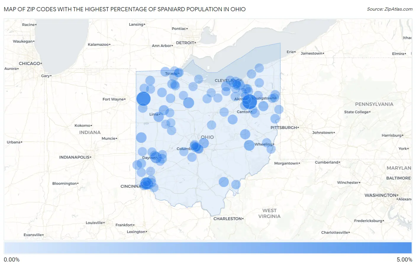 Zip Codes with the Highest Percentage of Spaniard Population in Ohio Map