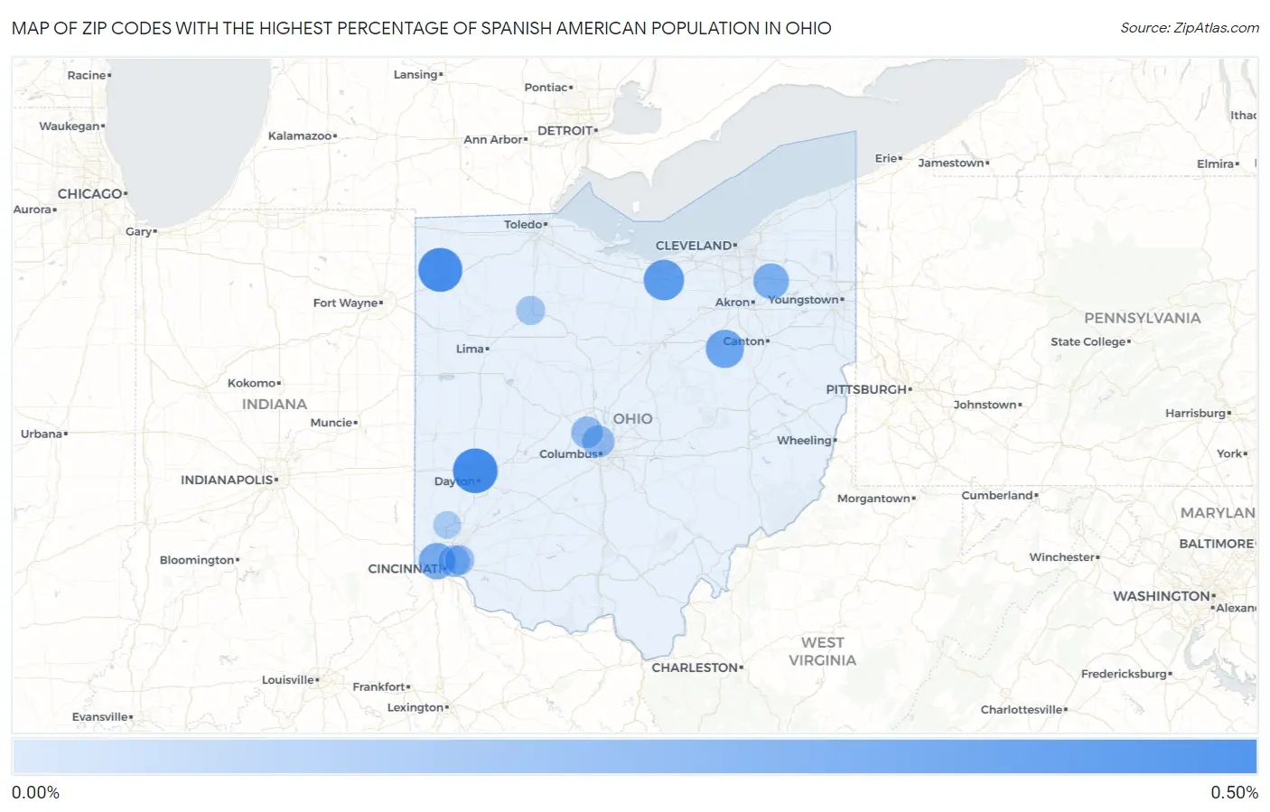 Zip Codes with the Highest Percentage of Spanish American Population in Ohio Map