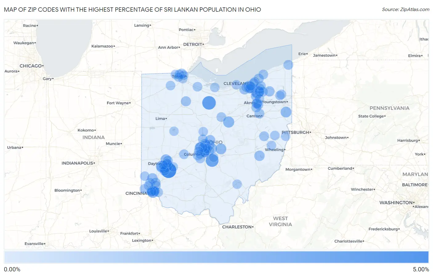 Zip Codes with the Highest Percentage of Sri Lankan Population in Ohio Map