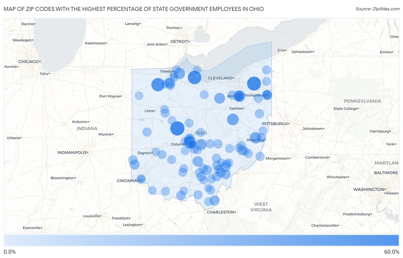 Zip Codes with the Highest Percentage of State Government Employees in Ohio Map