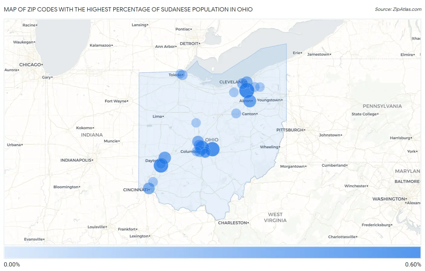 Zip Codes with the Highest Percentage of Sudanese Population in Ohio Map