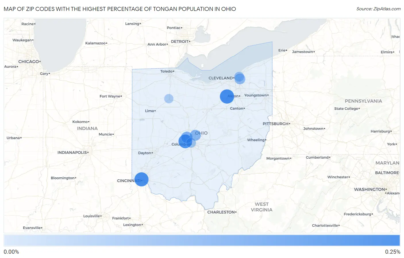 Zip Codes with the Highest Percentage of Tongan Population in Ohio Map