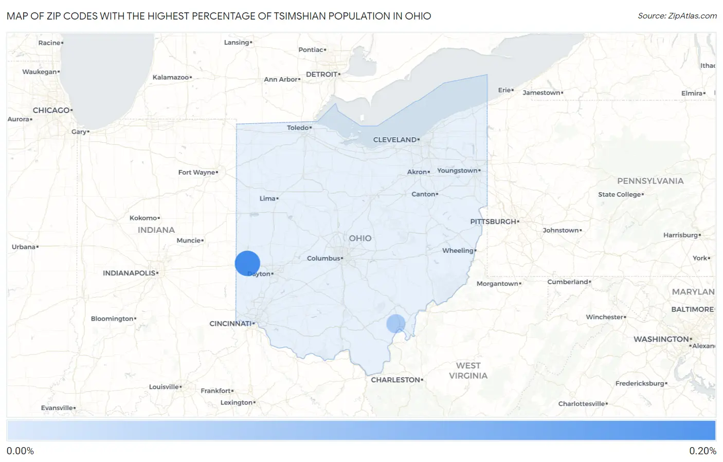 Zip Codes with the Highest Percentage of Tsimshian Population in Ohio Map