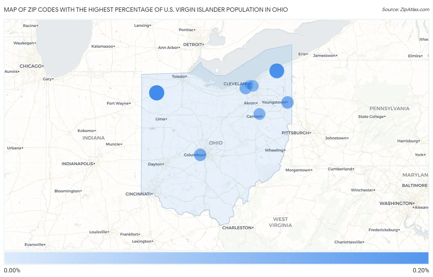 Zip Codes with the Highest Percentage of U.S. Virgin Islander Population in Ohio Map