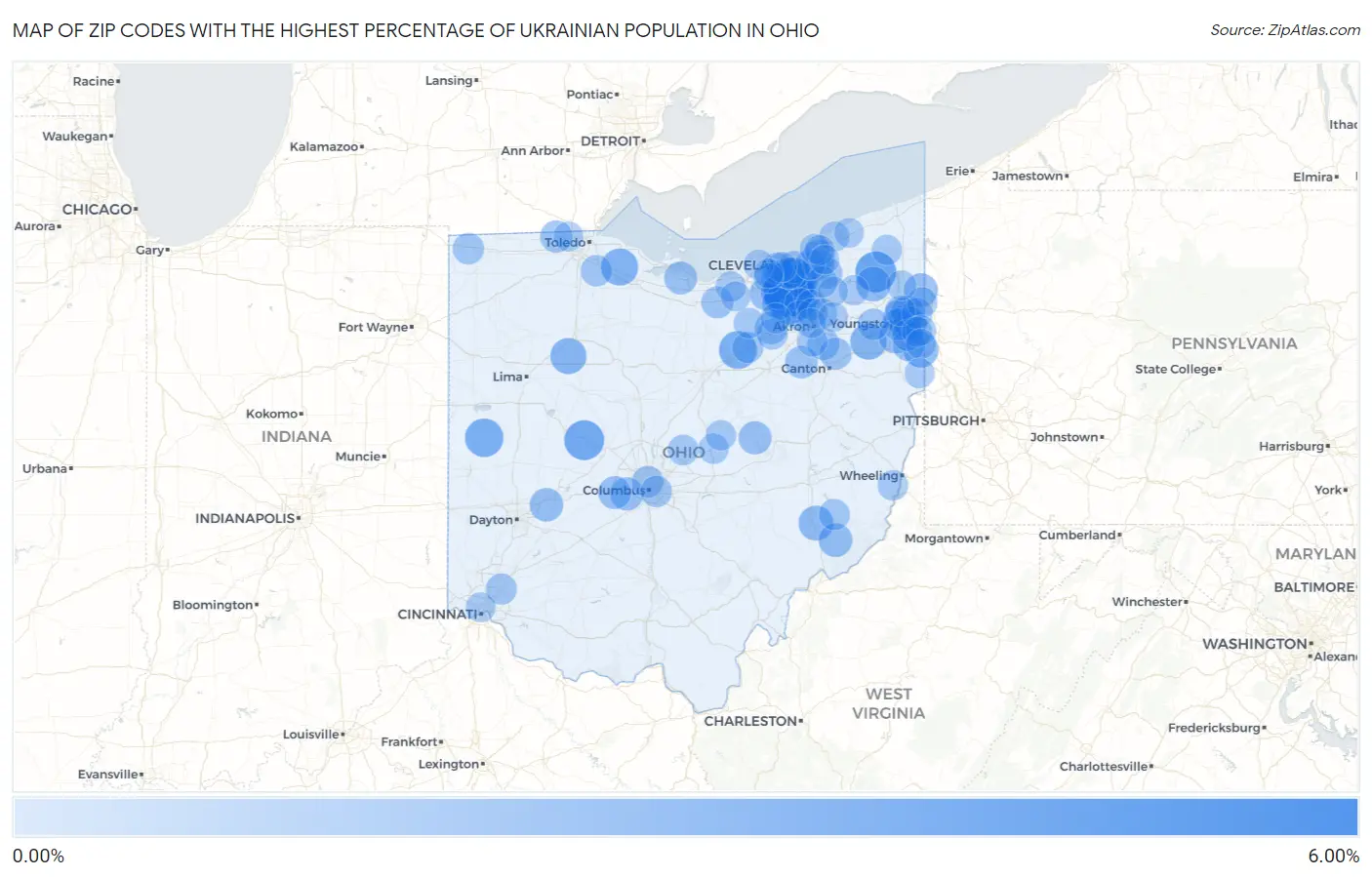 Zip Codes with the Highest Percentage of Ukrainian Population in Ohio Map
