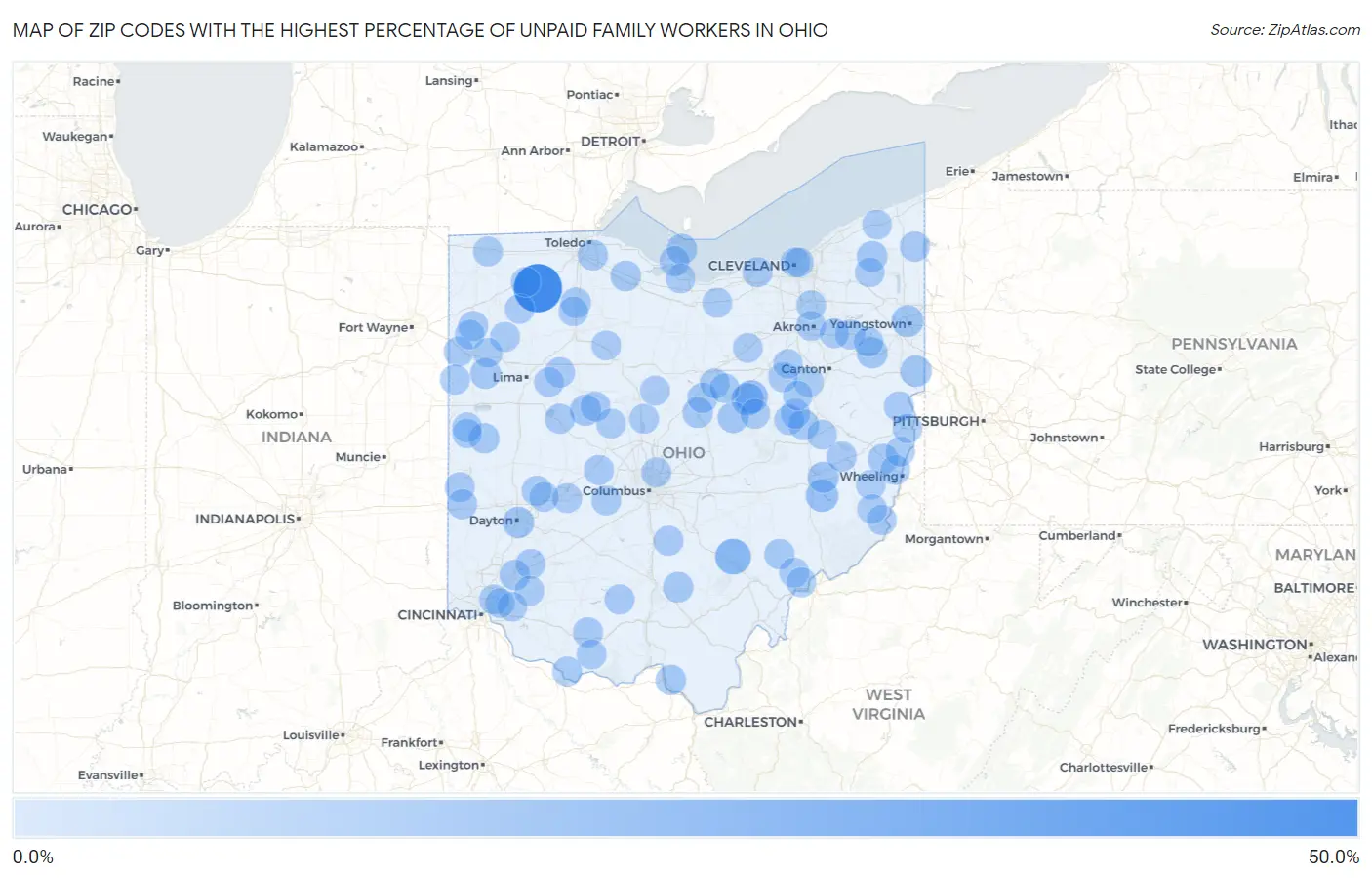 Zip Codes with the Highest Percentage of Unpaid Family Workers in Ohio Map