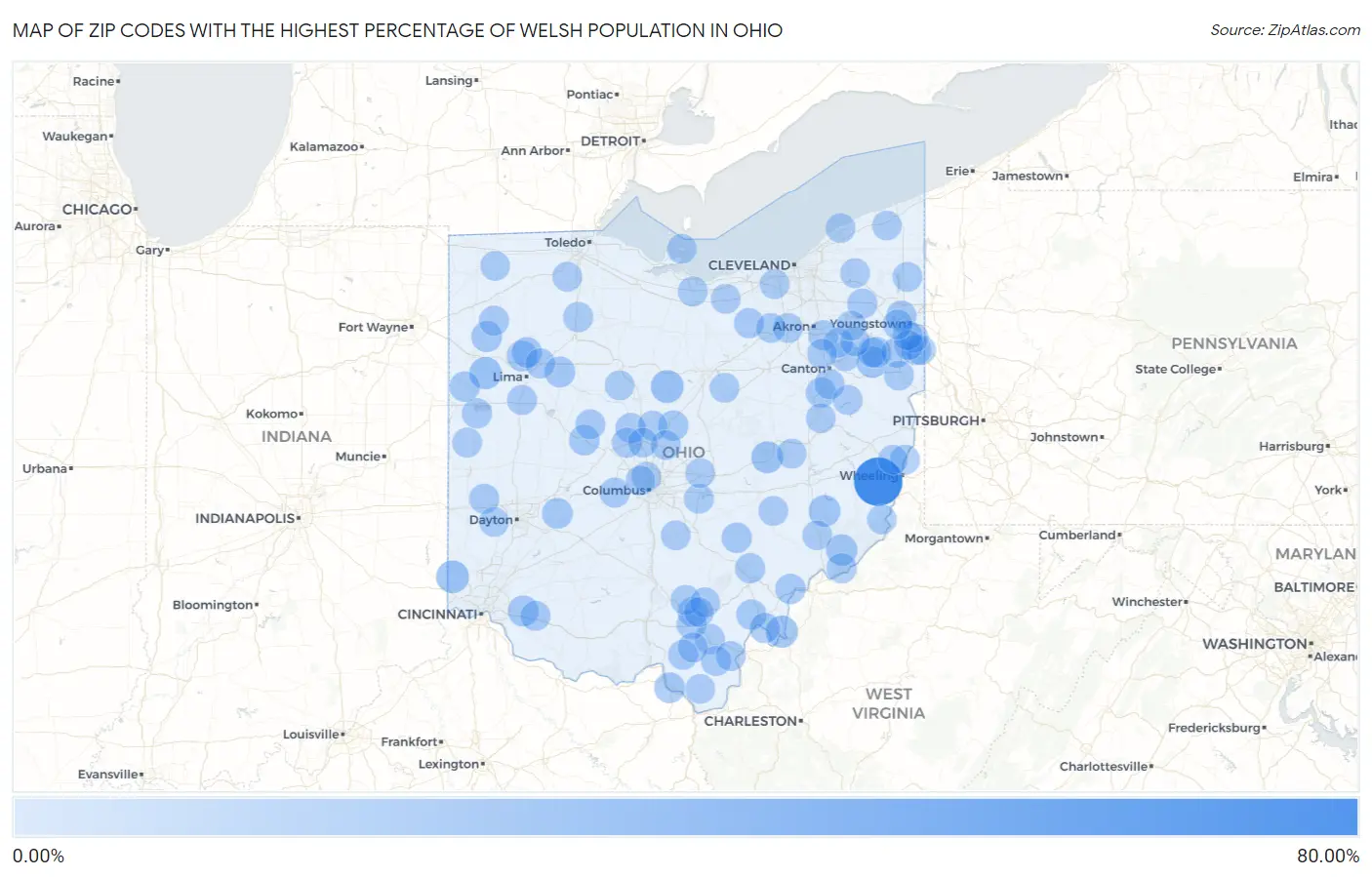 Zip Codes with the Highest Percentage of Welsh Population in Ohio Map