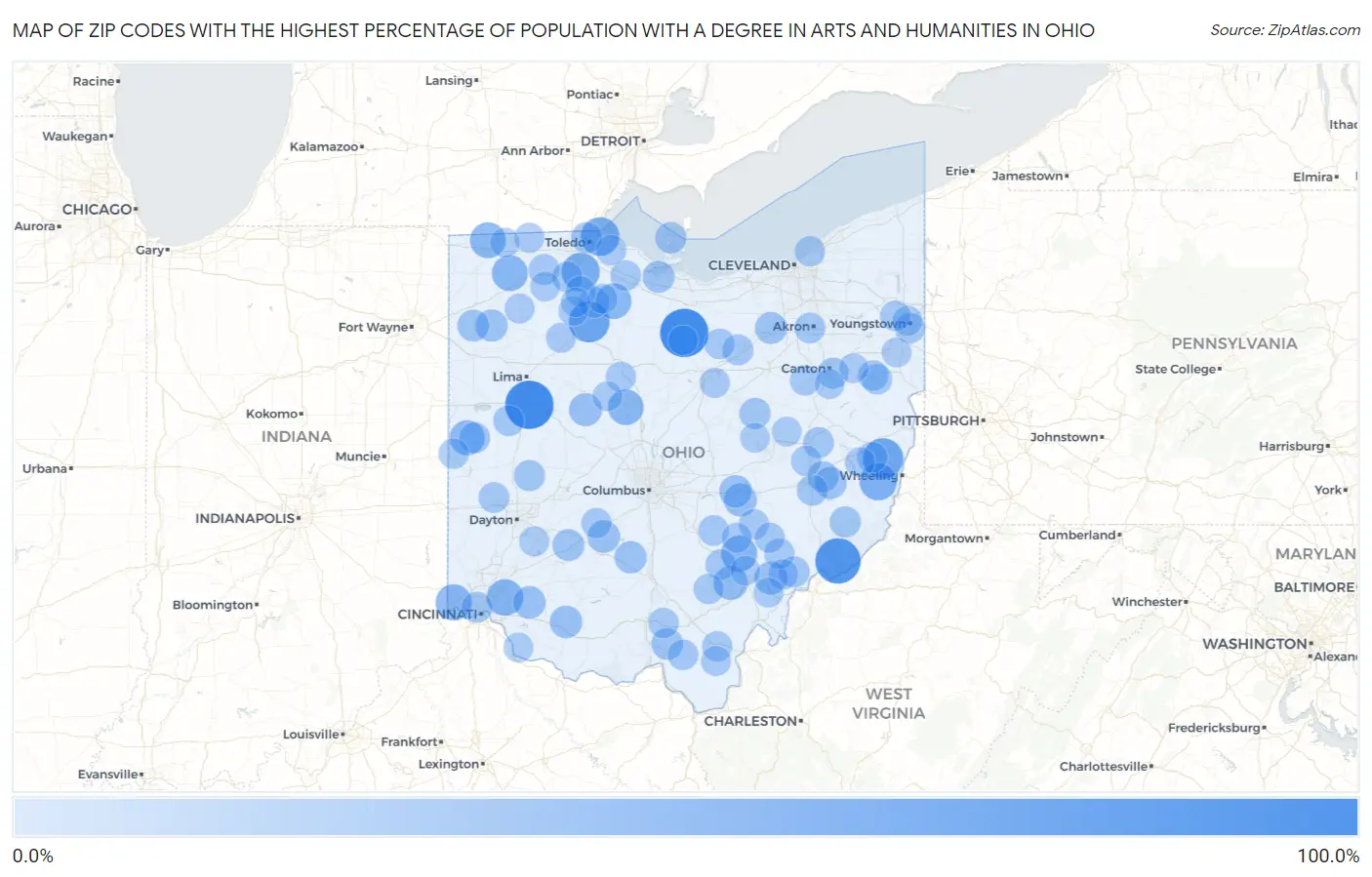 Zip Codes with the Highest Percentage of Population with a Degree in Arts and Humanities in Ohio Map