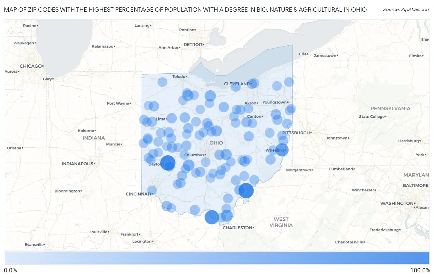 Zip Codes with the Highest Percentage of Population with a Degree in Bio, Nature & Agricultural in Ohio Map
