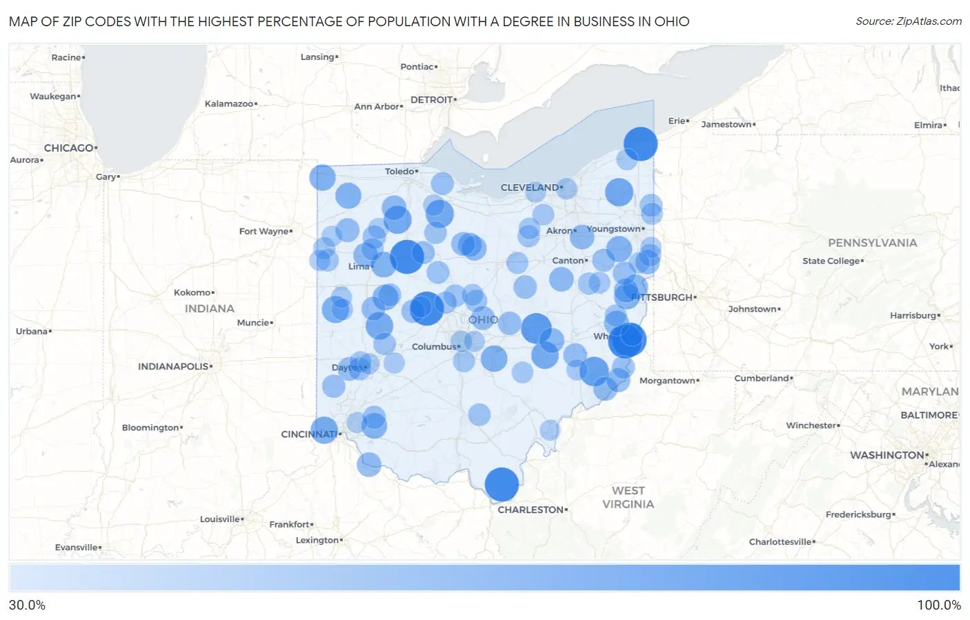 Zip Codes with the Highest Percentage of Population with a Degree in Business in Ohio Map