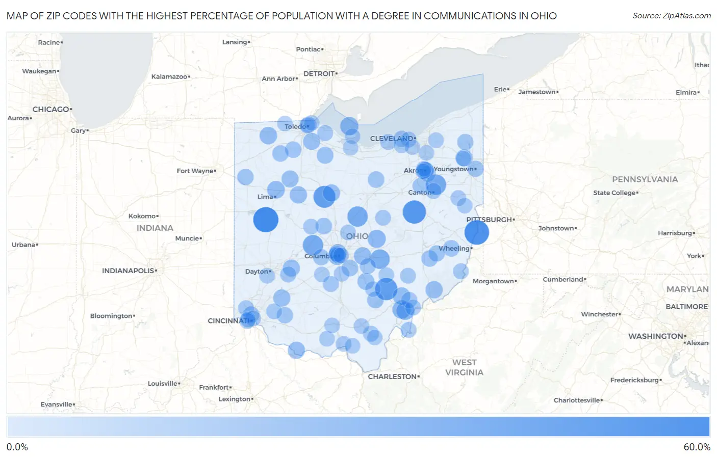 Zip Codes with the Highest Percentage of Population with a Degree in Communications in Ohio Map
