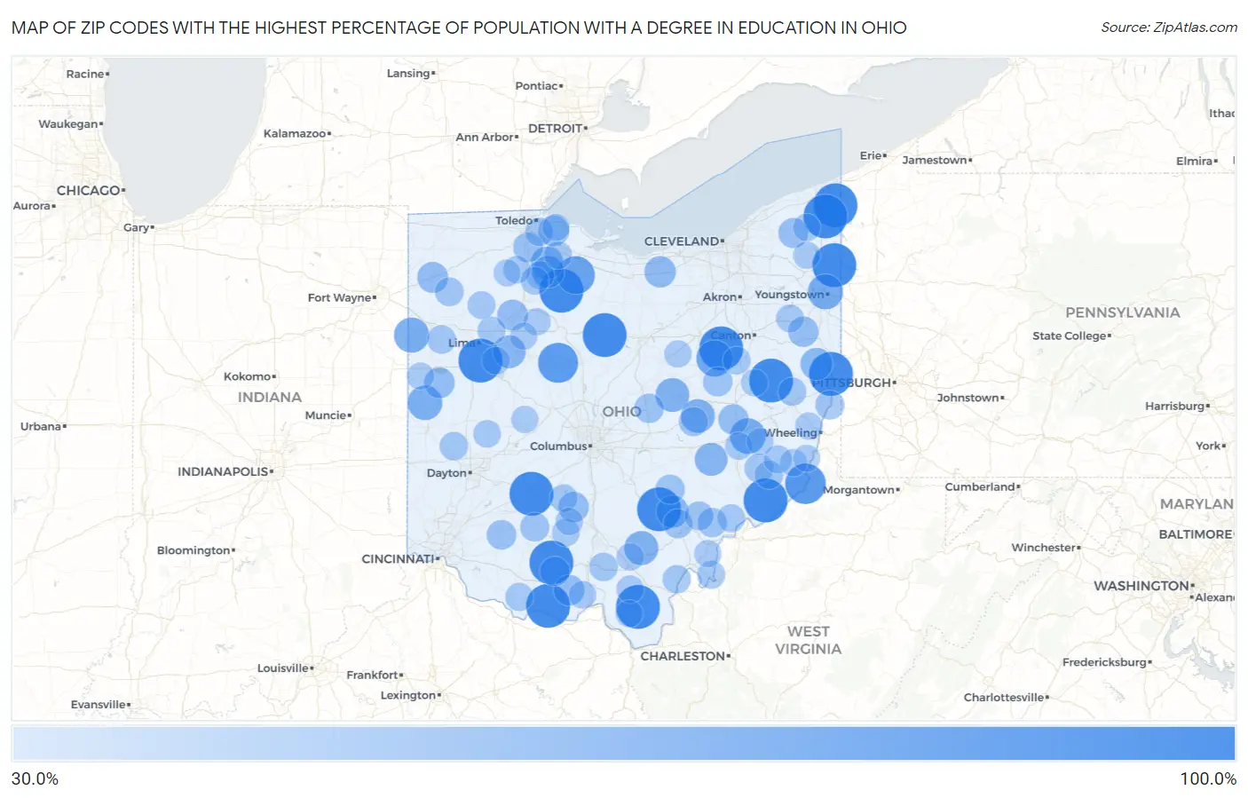 Zip Codes with the Highest Percentage of Population with a Degree in Education in Ohio Map
