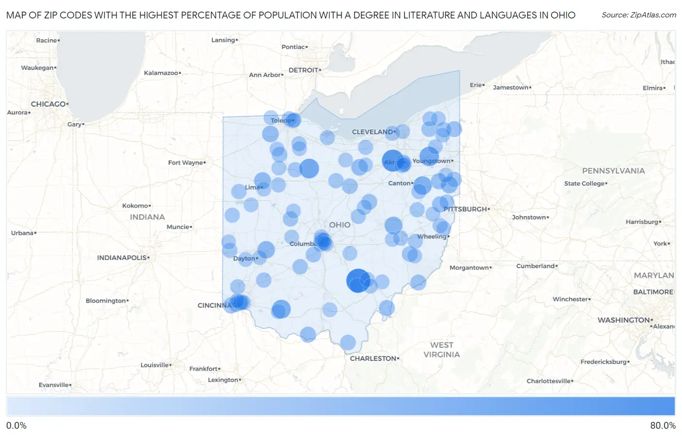 Zip Codes with the Highest Percentage of Population with a Degree in Literature and Languages in Ohio Map