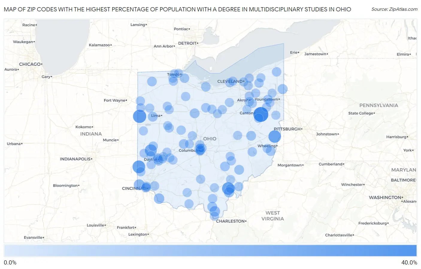 Zip Codes with the Highest Percentage of Population with a Degree in Multidisciplinary Studies in Ohio Map