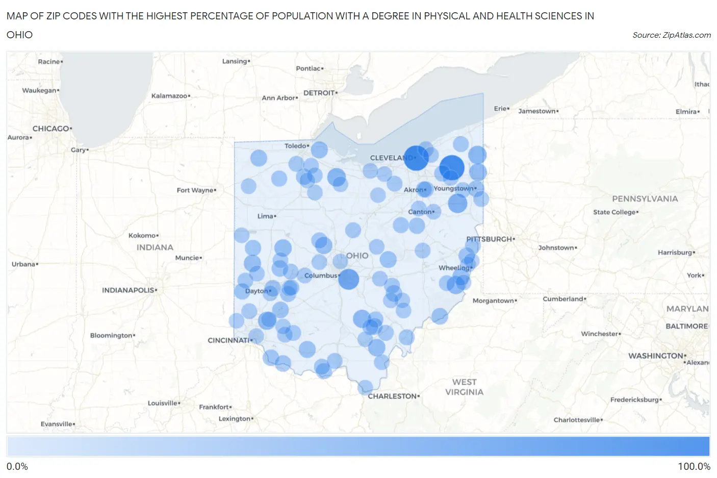 Zip Codes with the Highest Percentage of Population with a Degree in Physical and Health Sciences in Ohio Map