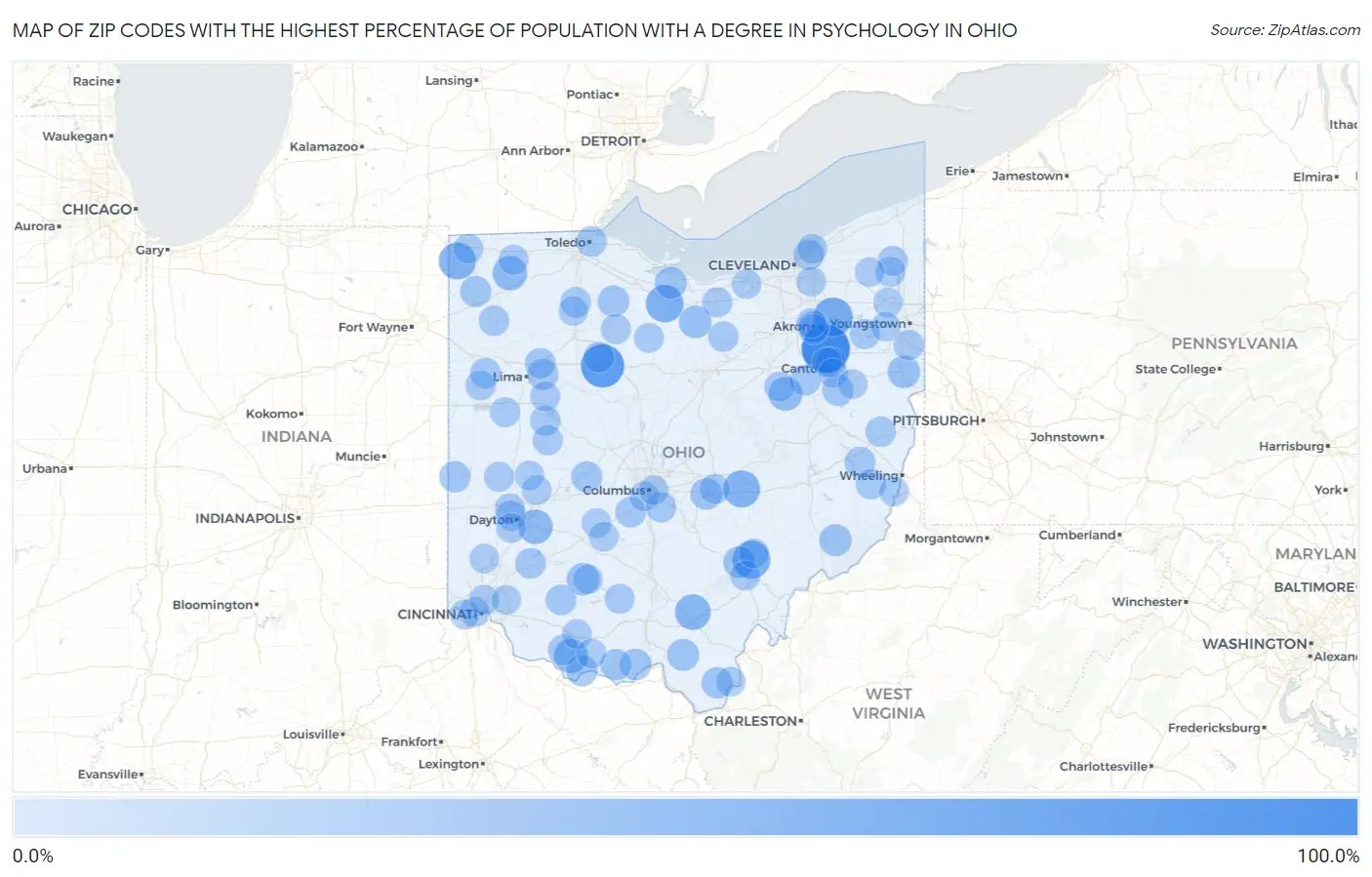 Zip Codes with the Highest Percentage of Population with a Degree in Psychology in Ohio Map
