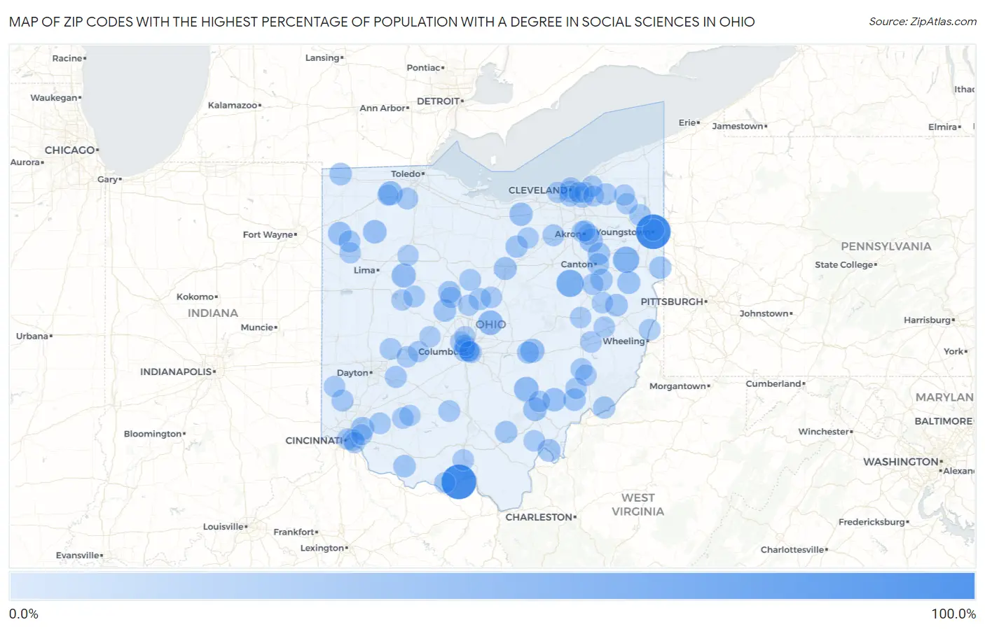 Zip Codes with the Highest Percentage of Population with a Degree in Social Sciences in Ohio Map