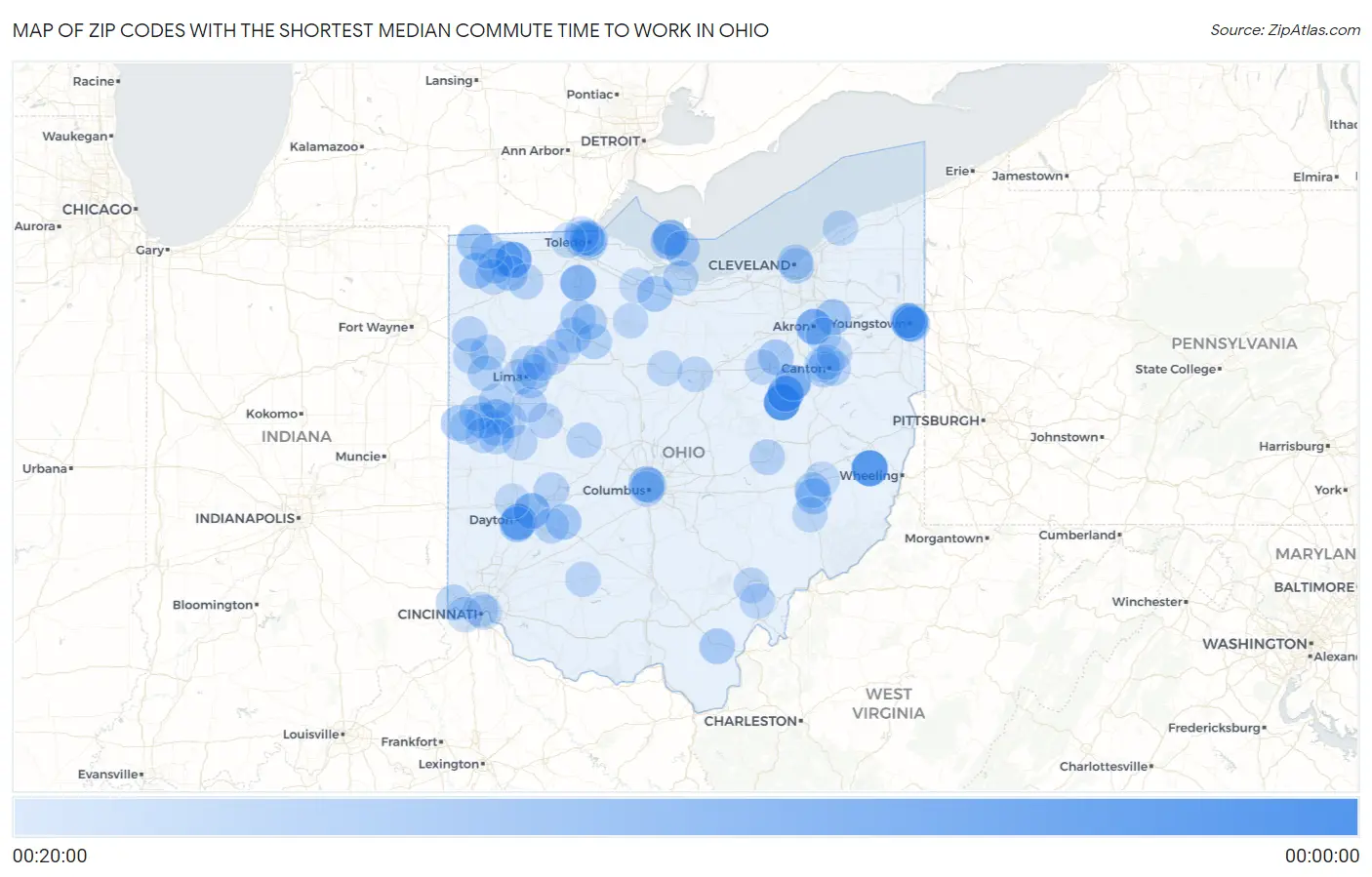 Zip Codes with the Shortest Median Commute Time to Work in Ohio Map