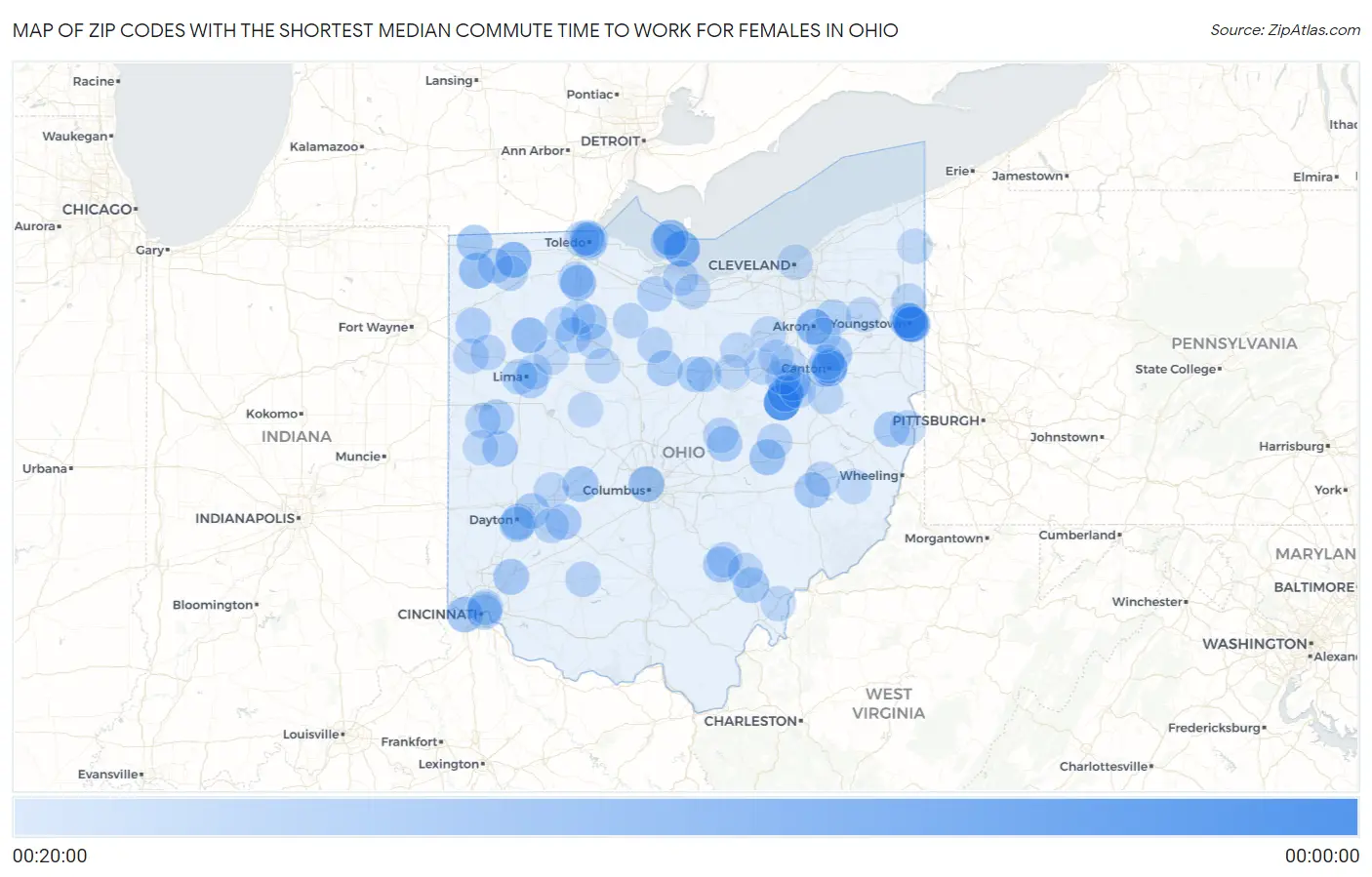 Zip Codes with the Shortest Median Commute Time to Work for Females in Ohio Map