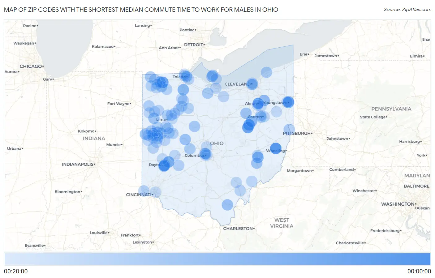 Zip Codes with the Shortest Median Commute Time to Work for Males in Ohio Map