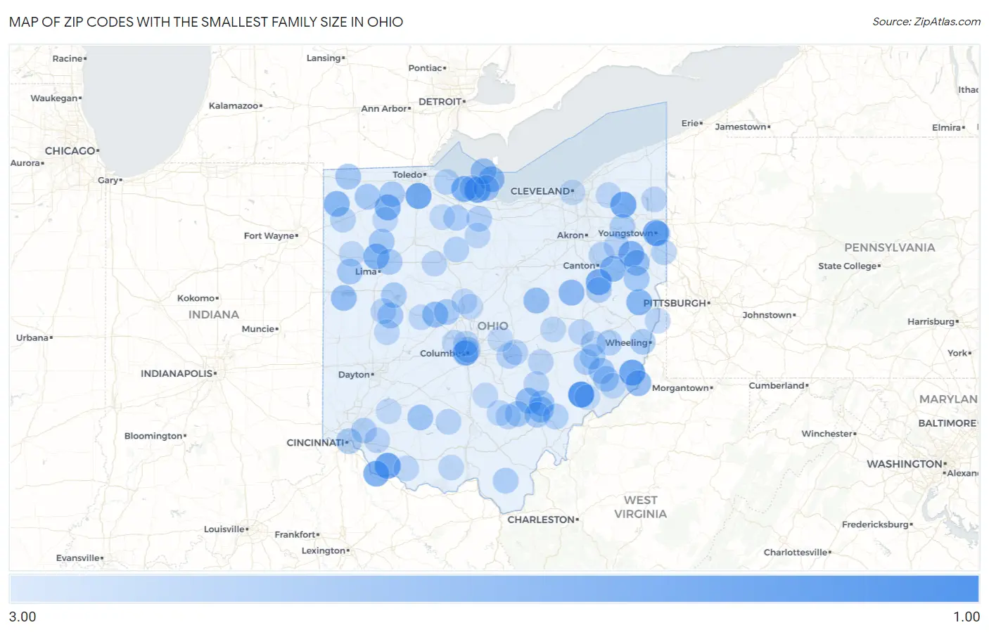 Zip Codes with the Smallest Family Size in Ohio Map