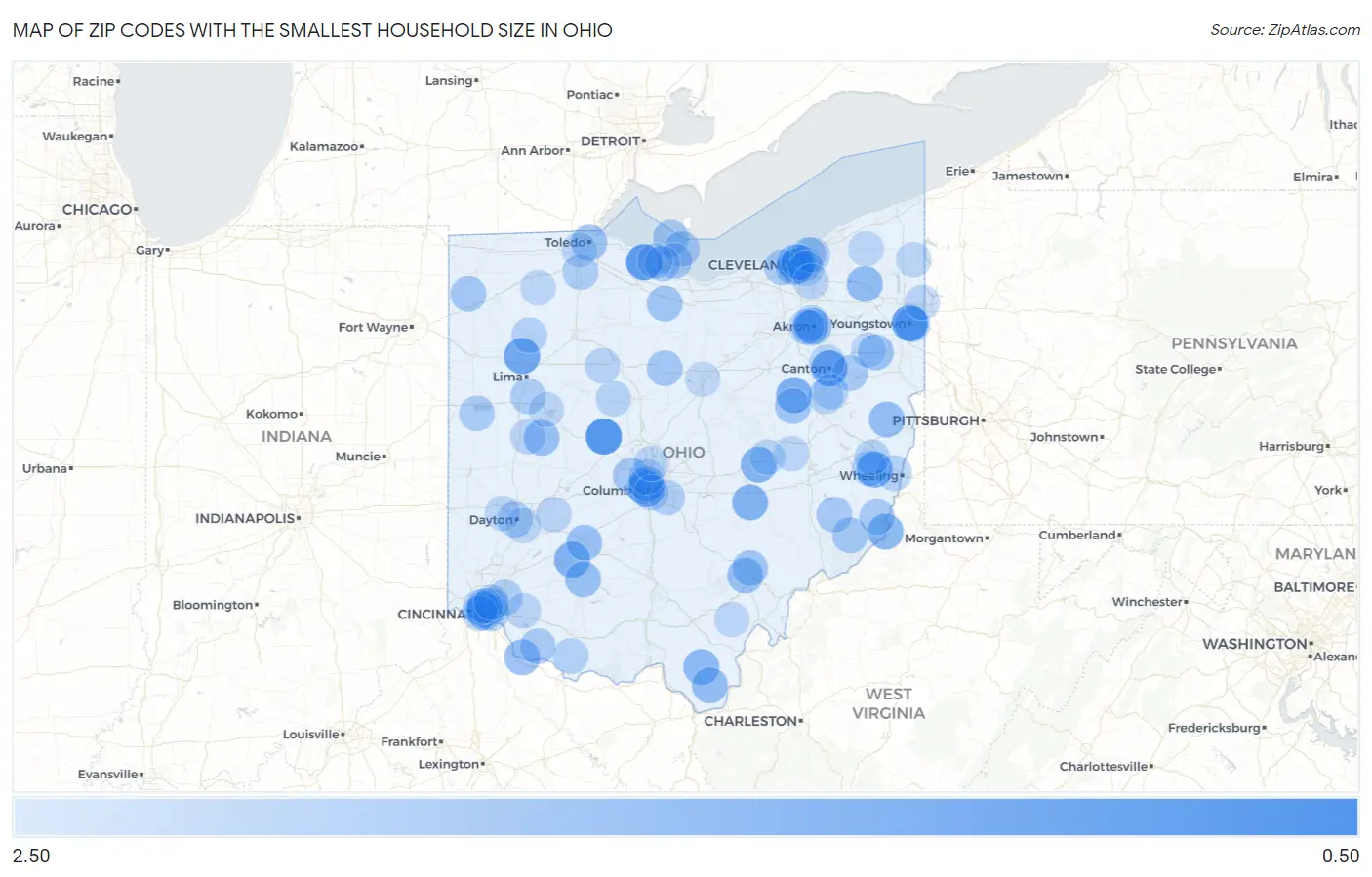 Zip Codes with the Smallest Household Size in Ohio Map