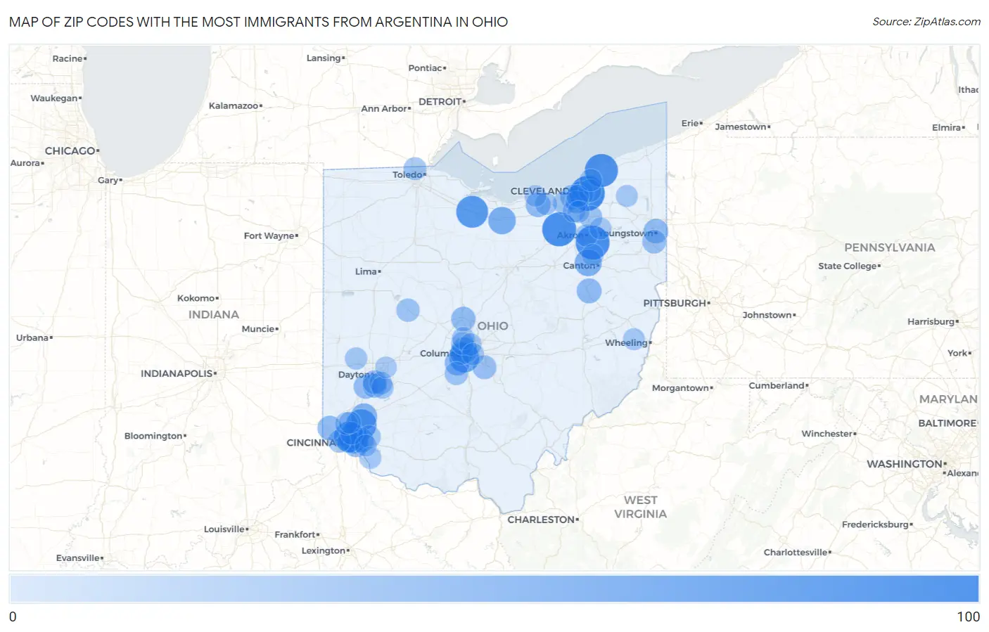 Zip Codes with the Most Immigrants from Argentina in Ohio Map