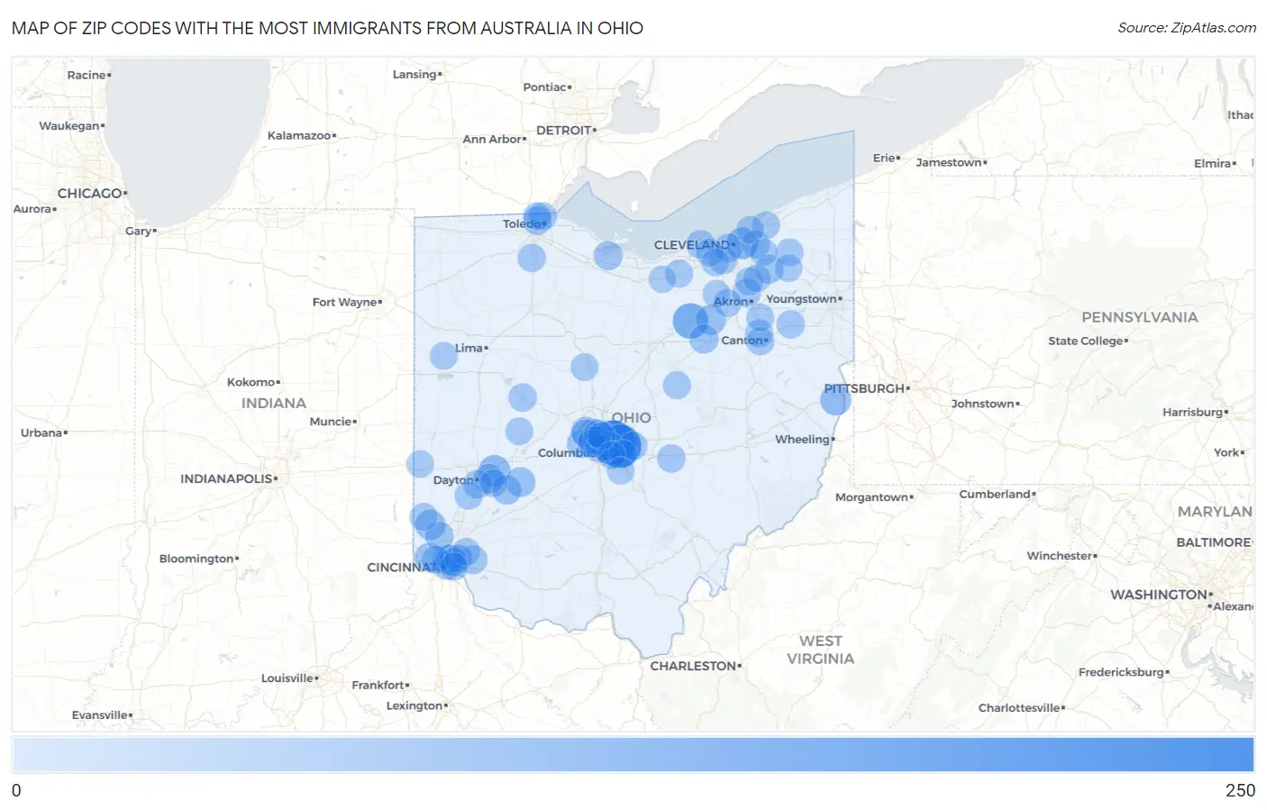 Zip Codes with the Most Immigrants from Australia in Ohio Map