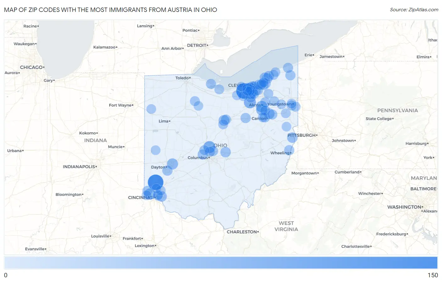 Zip Codes with the Most Immigrants from Austria in Ohio Map