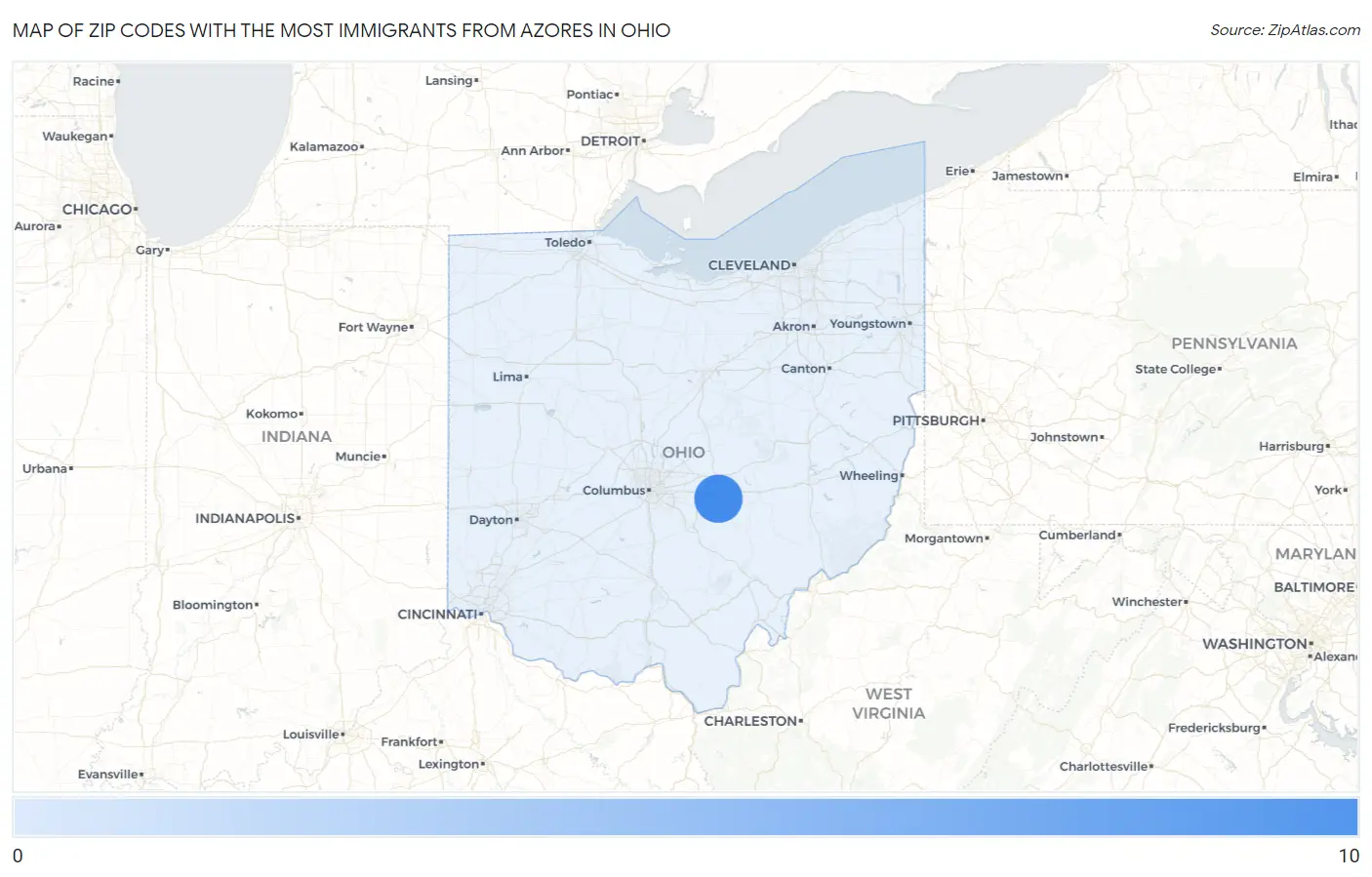 Zip Codes with the Most Immigrants from Azores in Ohio Map