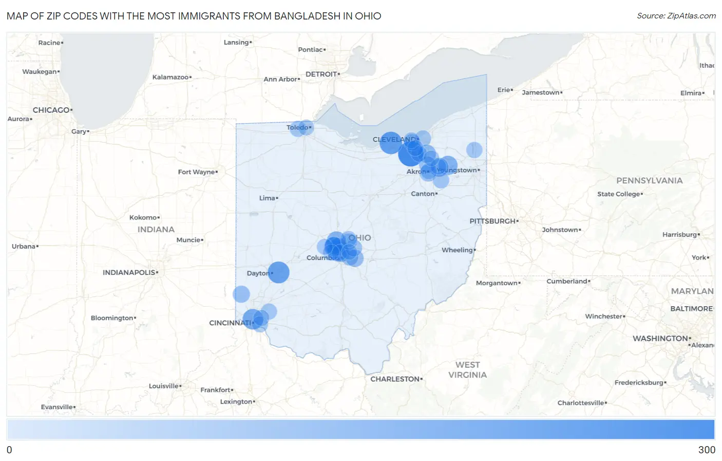 Zip Codes with the Most Immigrants from Bangladesh in Ohio Map