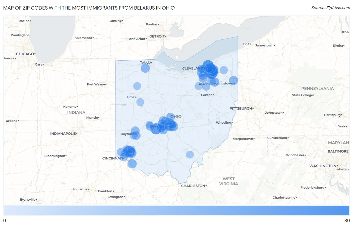 Zip Codes with the Most Immigrants from Belarus in Ohio Map