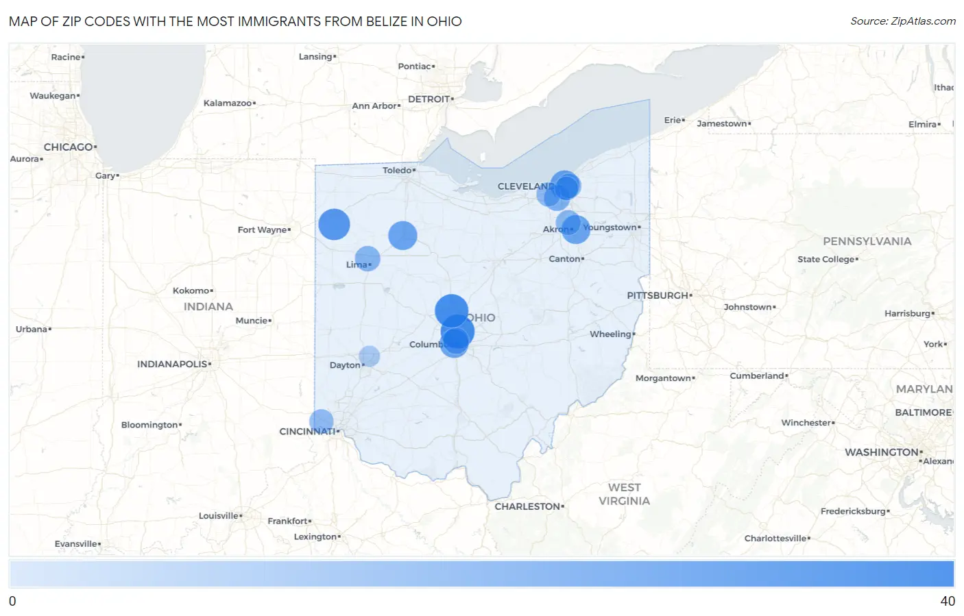 Zip Codes with the Most Immigrants from Belize in Ohio Map