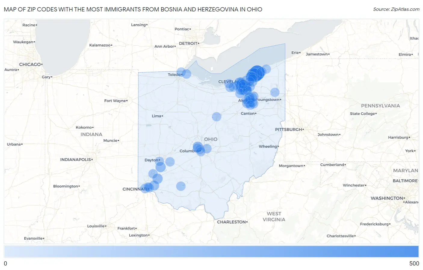 Zip Codes with the Most Immigrants from Bosnia and Herzegovina in Ohio Map
