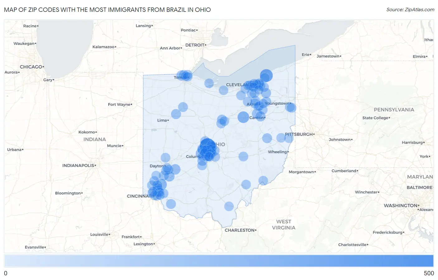 Zip Codes with the Most Immigrants from Brazil in Ohio Map