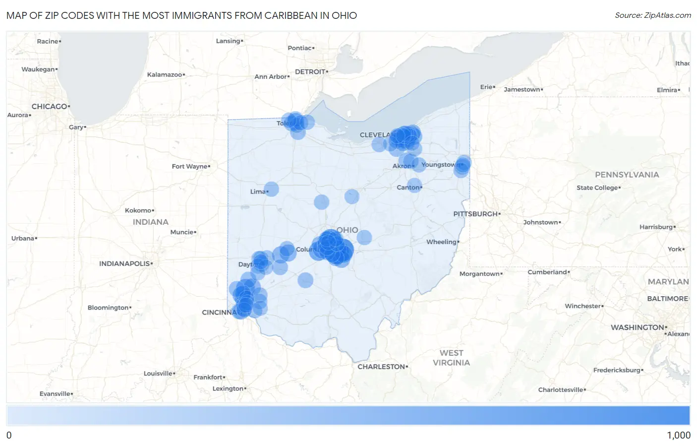 Zip Codes with the Most Immigrants from Caribbean in Ohio Map