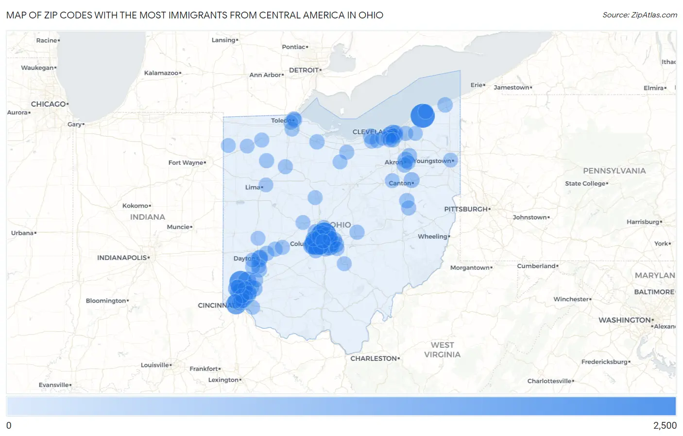Zip Codes with the Most Immigrants from Central America in Ohio Map