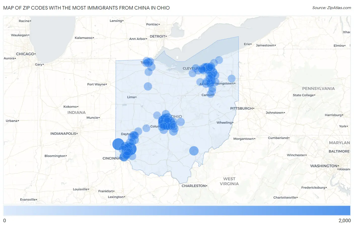 Zip Codes with the Most Immigrants from China in Ohio Map