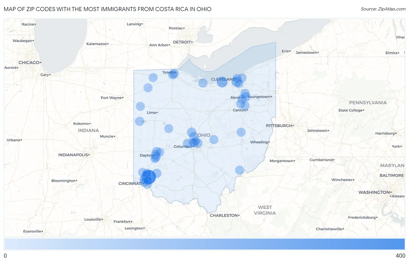 Zip Codes with the Most Immigrants from Costa Rica in Ohio Map