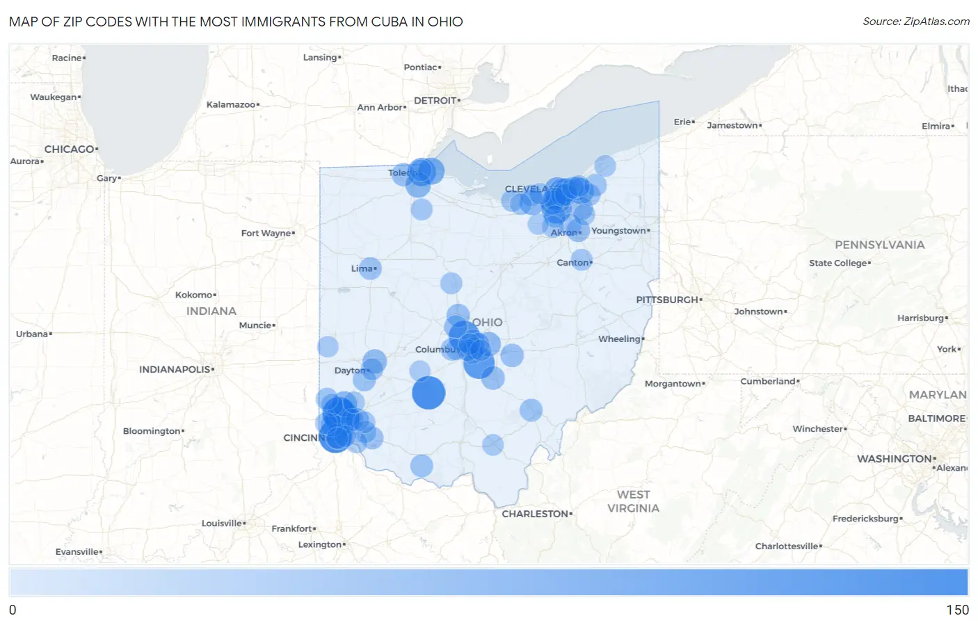 Zip Codes with the Most Immigrants from Cuba in Ohio Map