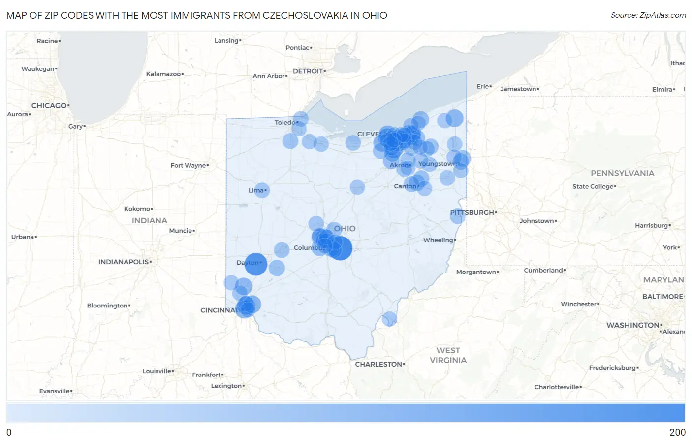 Zip Codes with the Most Immigrants from Czechoslovakia in Ohio Map
