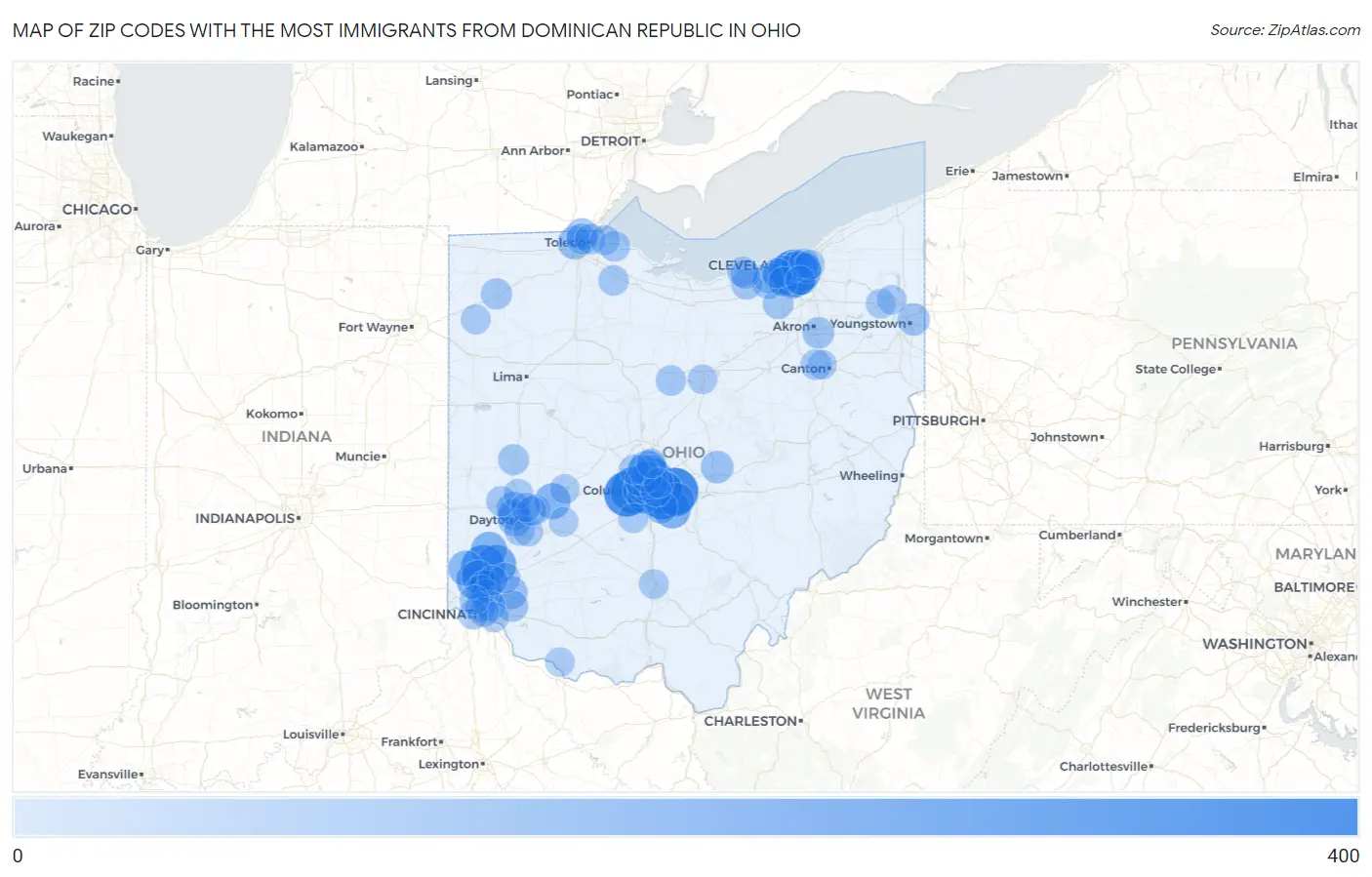 Zip Codes with the Most Immigrants from Dominican Republic in Ohio Map
