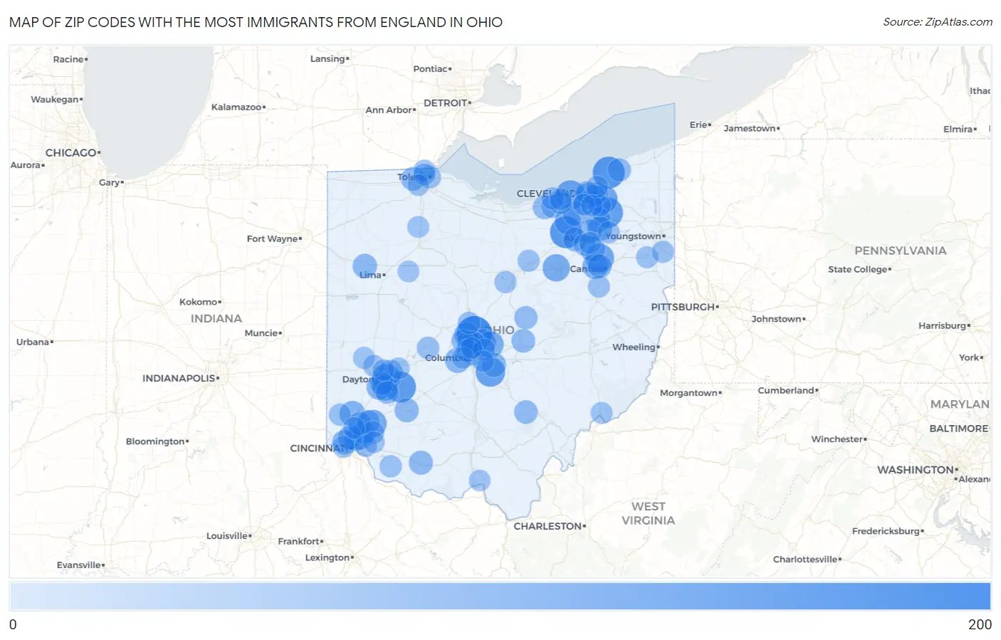 Zip Codes with the Most Immigrants from England in Ohio Map