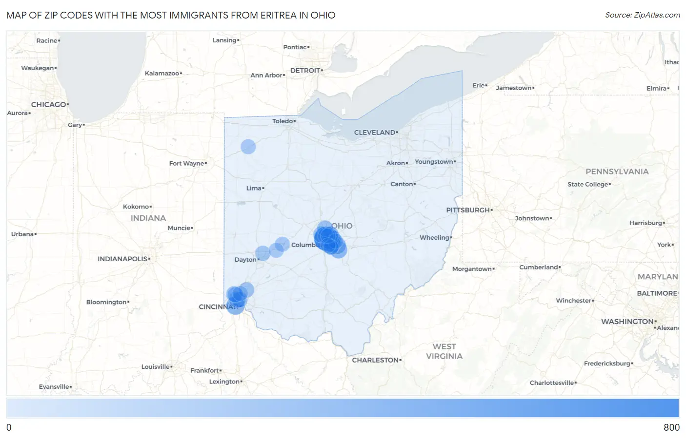 Zip Codes with the Most Immigrants from Eritrea in Ohio Map