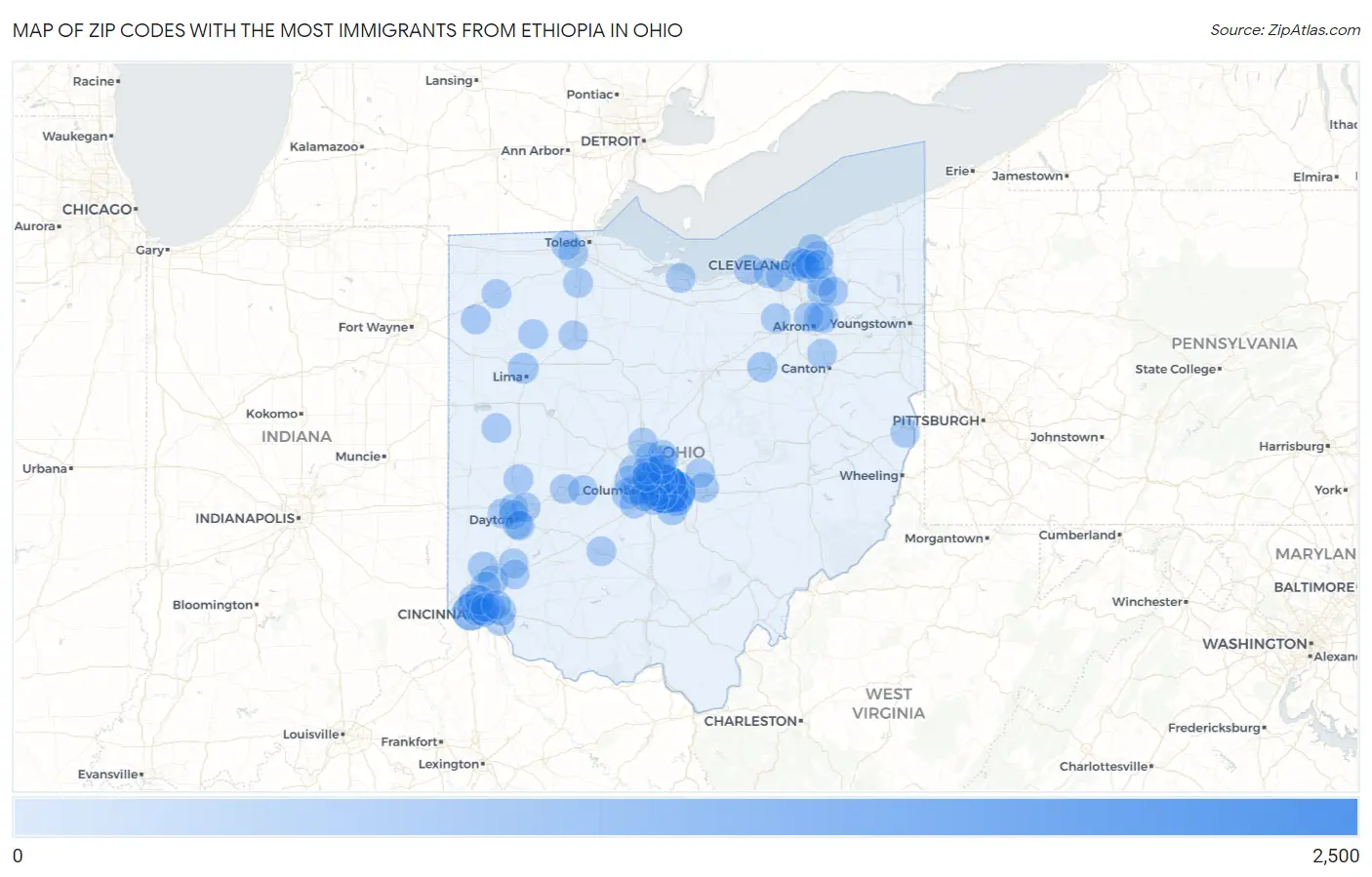 Zip Codes with the Most Immigrants from Ethiopia in Ohio Map